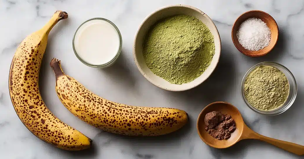 banana-bread-matcha-ingredients Ingredients for making banana bread matcha laid on a table