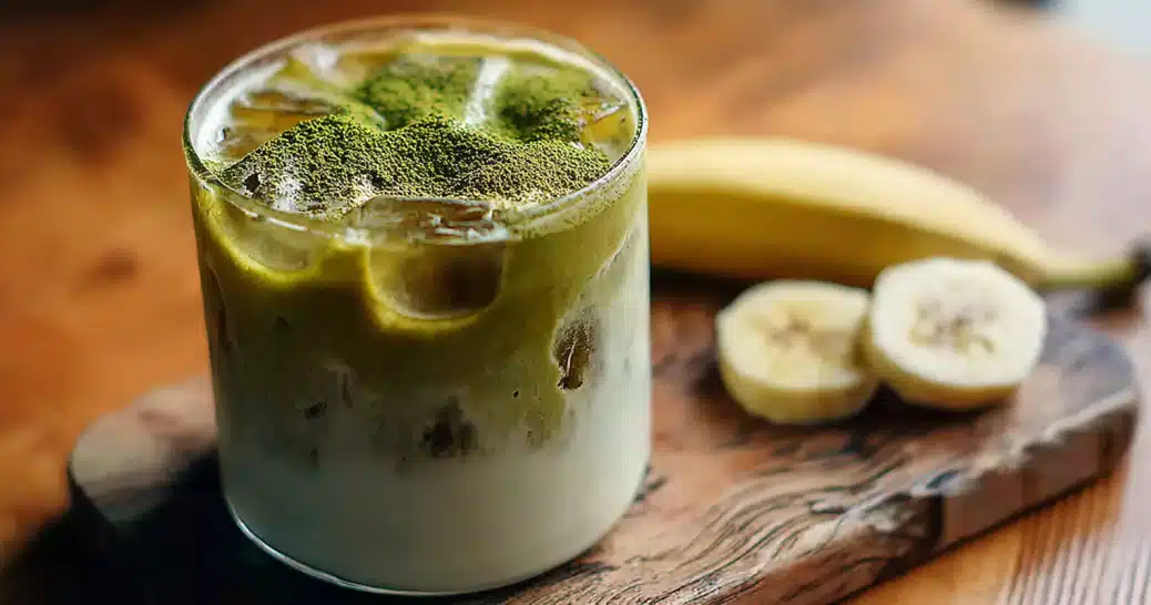Banana Bread Matcha – The Viral Drink You’ll Want Every Morning 2 Banana bread matcha latte in clear glass with foam and cinnamon