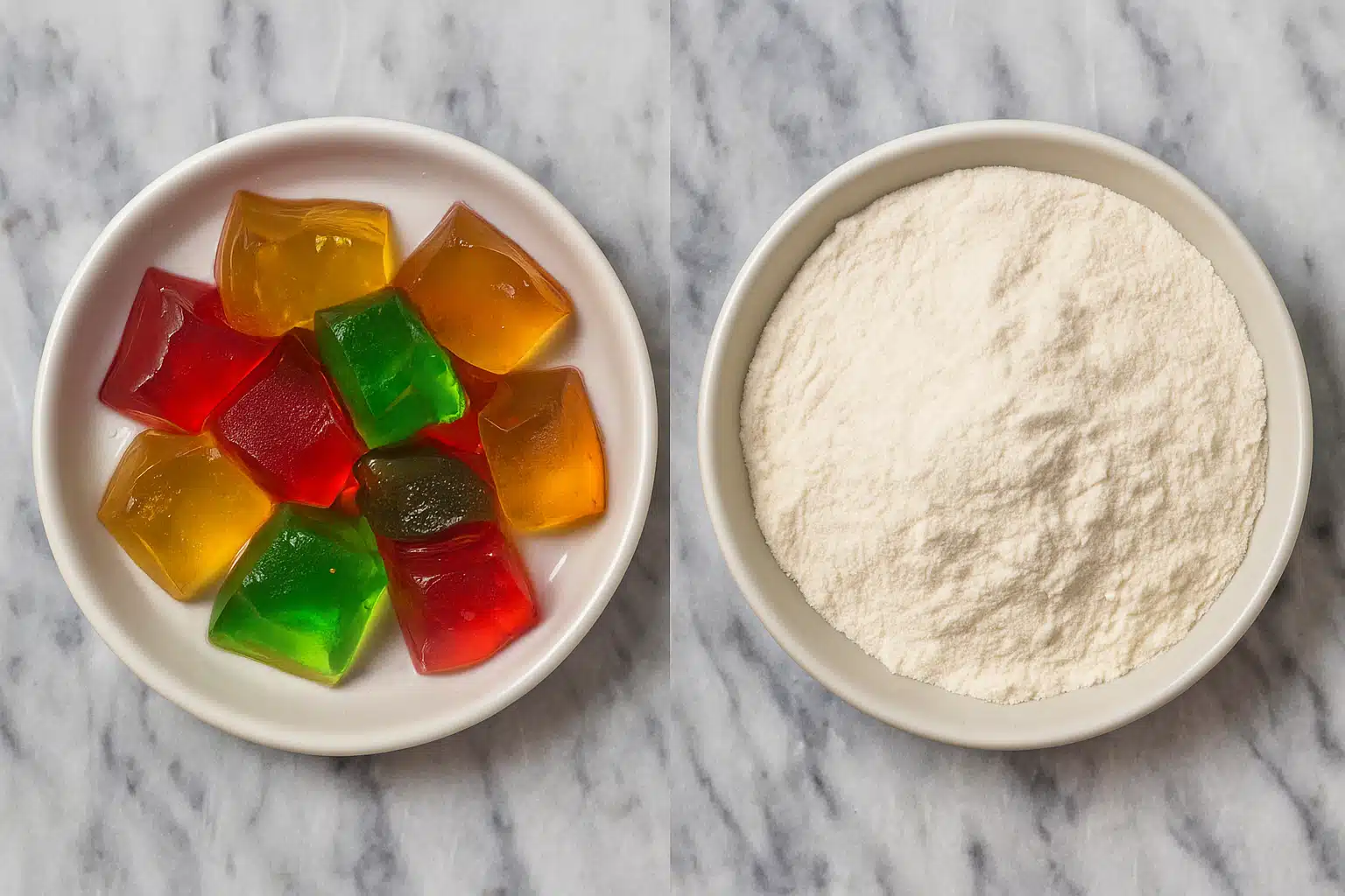 colorful jello cubes and unflavored gelatin powder for bariatric jello recipes