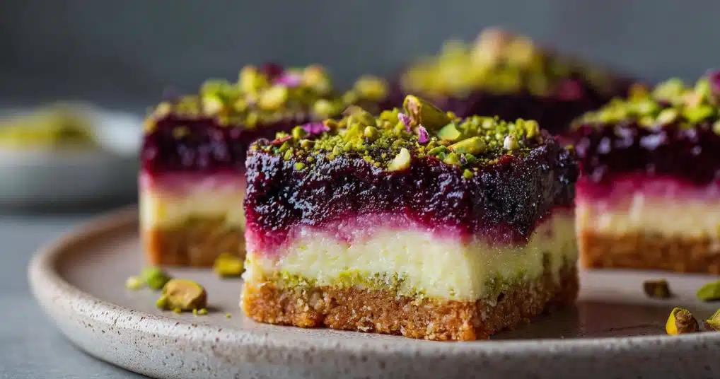Blackberry pistachio cheesecake bars on a rustic wooden board