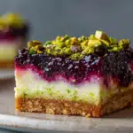 blackberry pistachio cheesecake bars recipe featured dessert photo