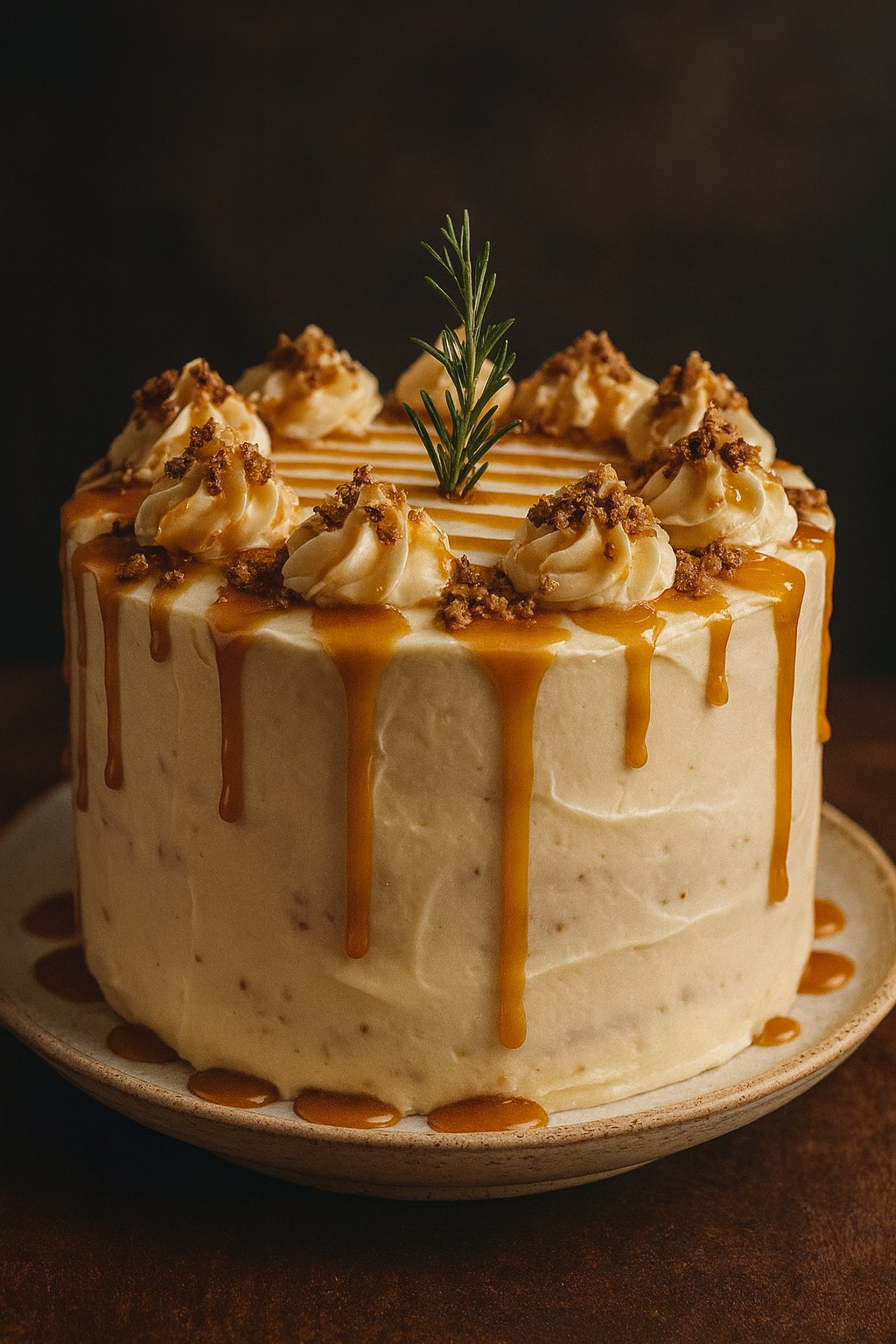 Brown butter sweet potato cake topped with caramel drizzle and frosting swirls