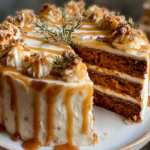 Brown Butter Sweet Potato Cake Recipe slice with caramel drizzle