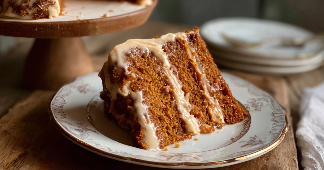 Brown butter sweet potato cake slice with caramel drizzle and cream cheese frosting