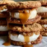 Easy Homemade Caramel Apple Brown Butter Oatmeal Cream Pies 3 Caramel Apple Brown Butter Oatmeal Cream Pies stacked with gooey caramel and apple filling
