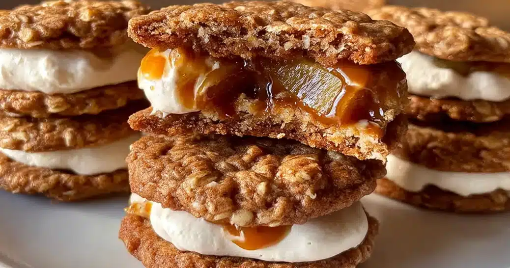 caramel-apple-brown-butter-oatmeal-cream-pies-filling Caramel apple brown butter oatmeal cream pies cut open showing apple filling and caramel layers