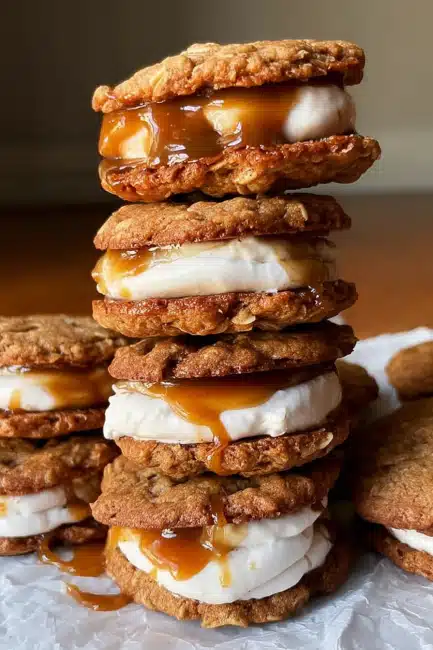 caramel-apple-brown-butter-oatmeal-cream-pies-stacked Stack of caramel apple brown butter oatmeal cream pies dripping with gooey caramel and creamy filling