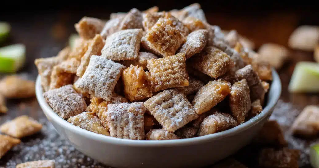 caramel-apple-puppy-chow Close-up of caramel apple puppy chow snack mix in a bowl coated with powdered sugar and caramel