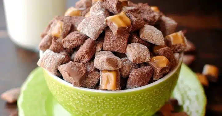 chocolate caramel apple puppy chow in fall setting