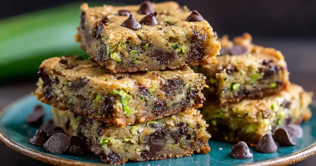 Close-up of moist chocolate chip zucchini bars stacked on a blue plate