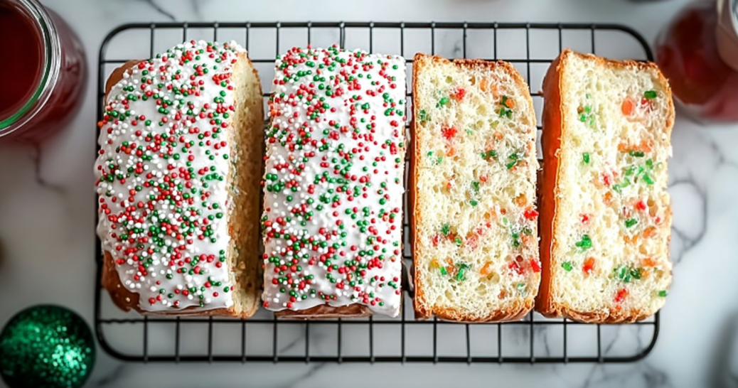 christmas-sprinkle-buttermilk-bread-for-festive-moods-top-view Top view of Christmas Sprinkle Buttermilk Bread for Festive Moods with colorful sprinkles and buttermilk glaze