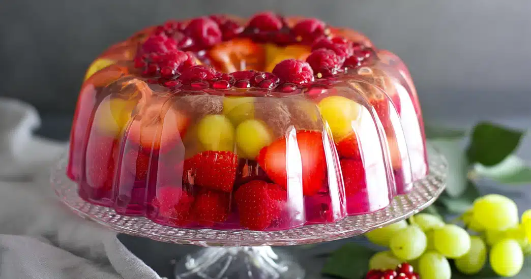 clear gelatin recipe fruit cake with berries and grapes on glass stand