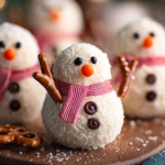 Coconut snowmen truffles decorated for Christmas.
