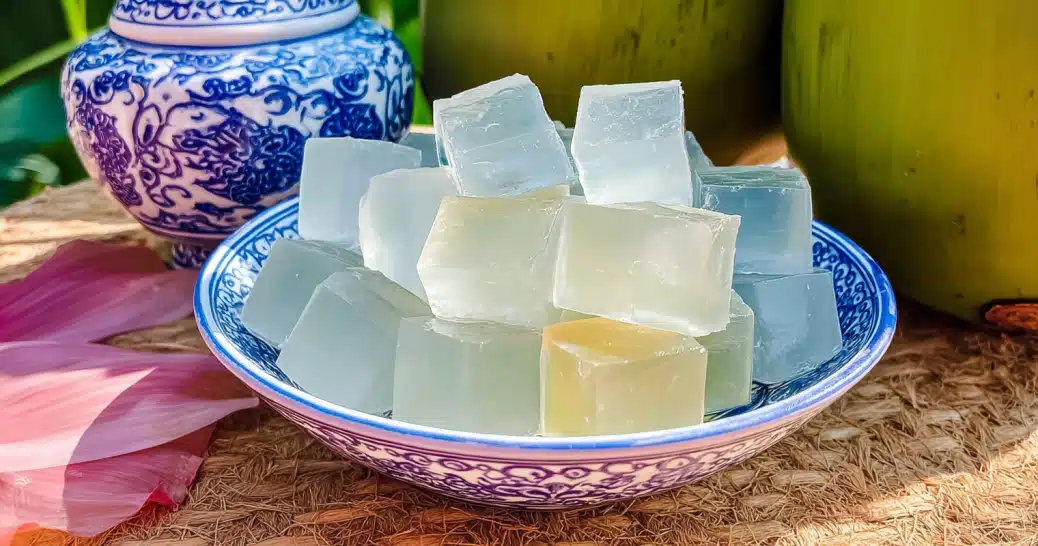 Coconut water agar jelly cubes in blue porcelain bowl
