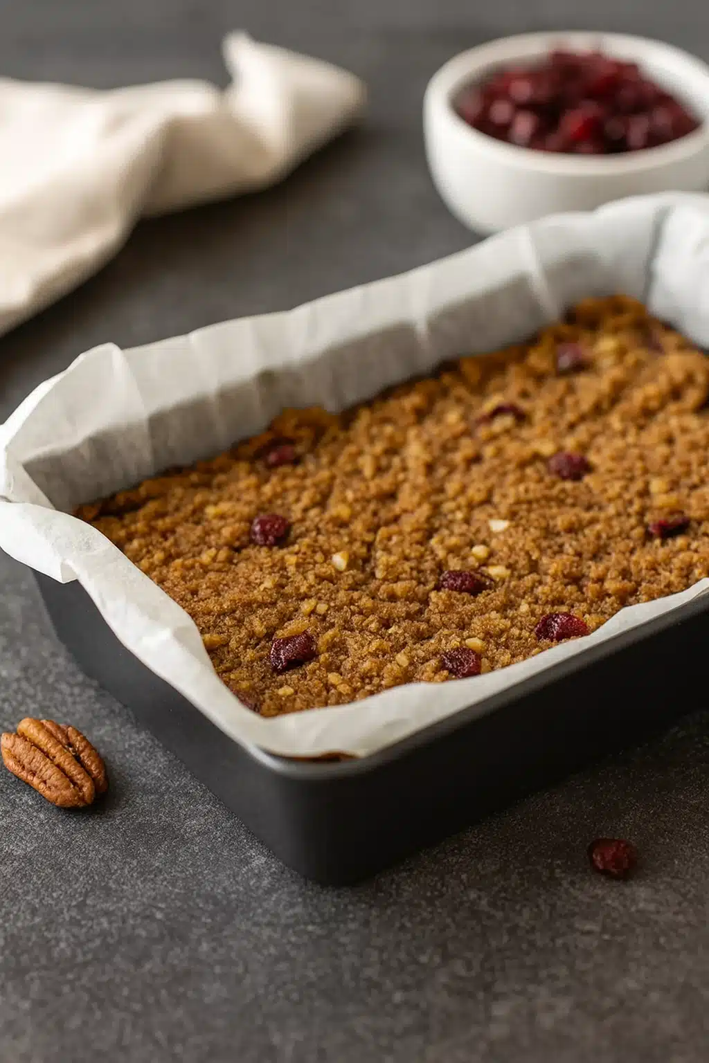 cranberry-pecan-pie-bars-in-baking-pan Cranberry Pecan Pie Bars baked in a pan with golden crumb topping and cranberries