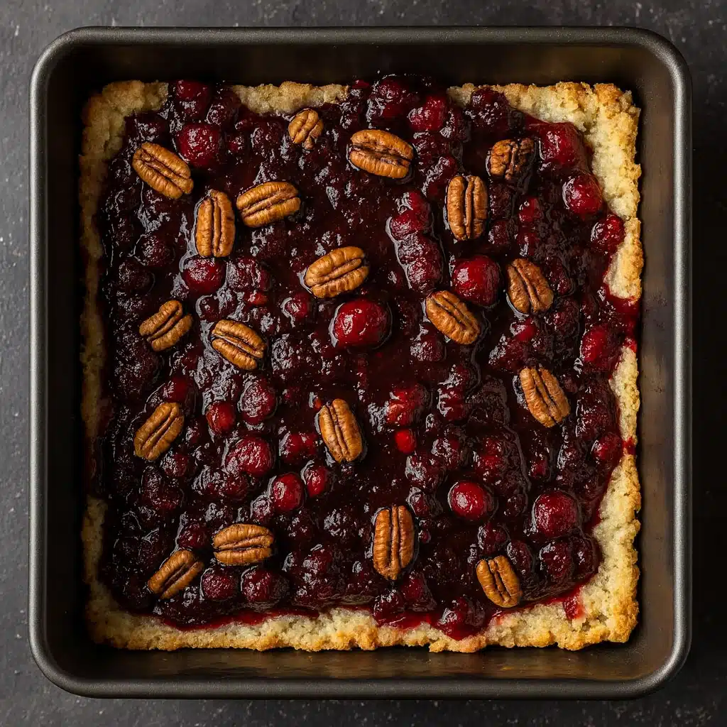 cranberry-pecan-pie-bars-layering-filling Layering cranberry pecan filling over shortbread crust for cranberry pecan pie bars