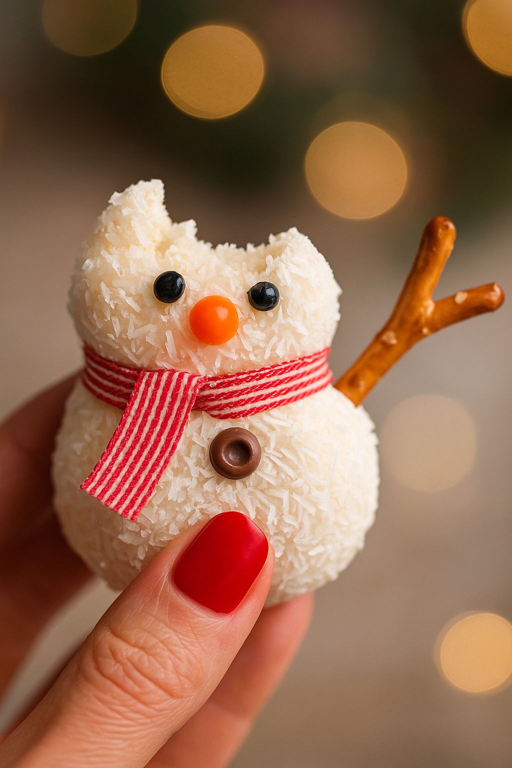 Coconut snowmen truffle decorated with red scarf and pretzel arms.