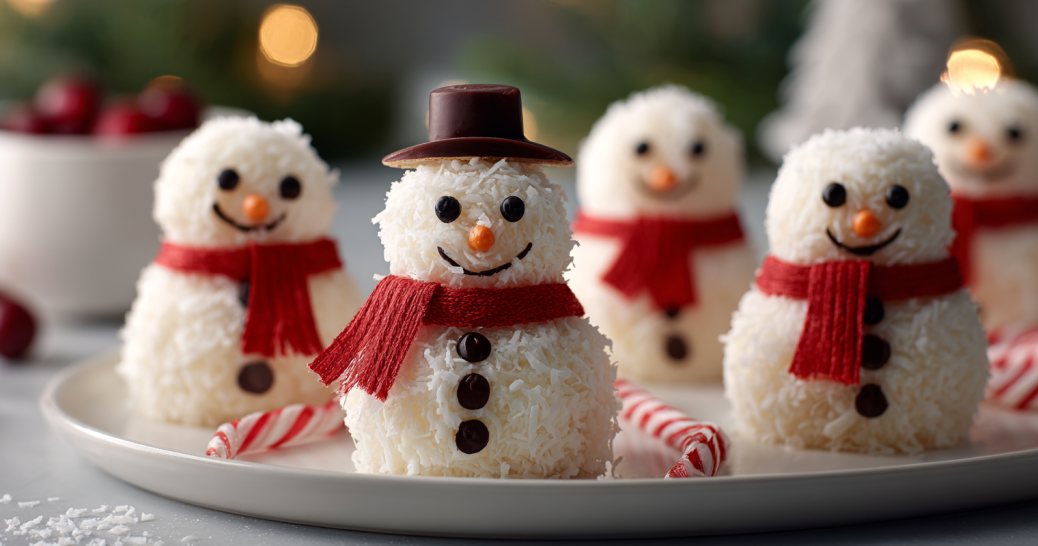 Decorated coconut snowmen for Christmas.