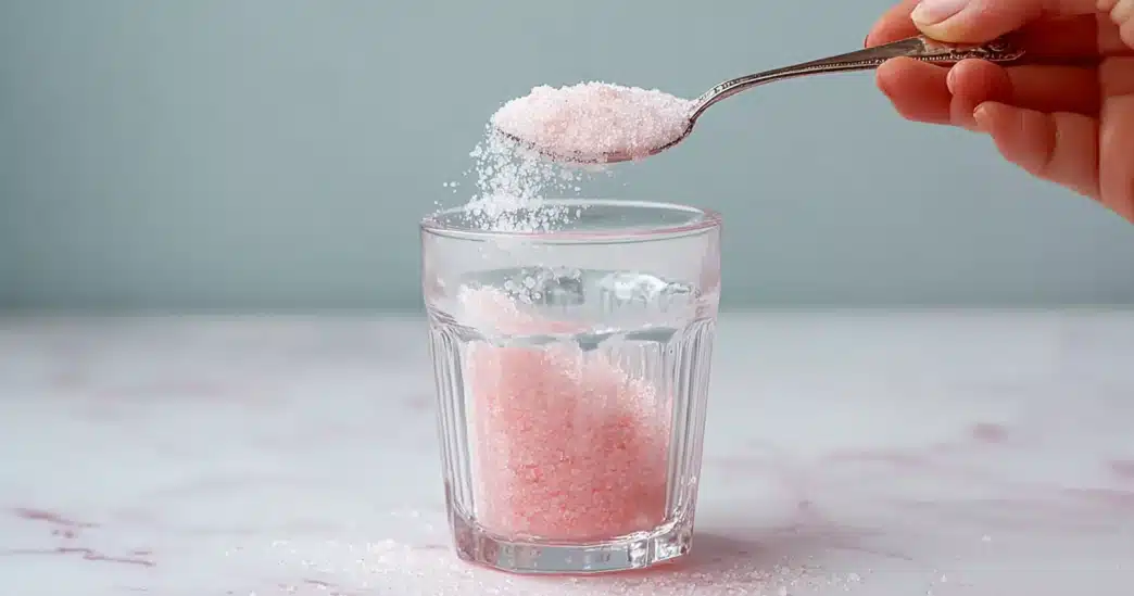dr-ananya-pink-salt-trick-preparation-glass Preparing the Dr Ananya Pink Salt Trick by adding Himalayan salt to water