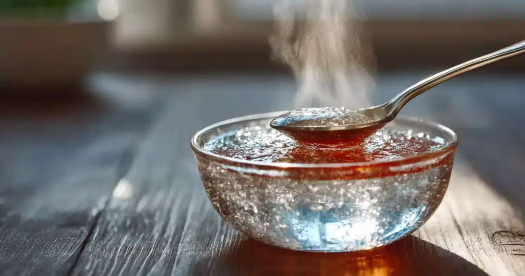 dr mark hyman gelatin recipe for weight loss being mixed in a glass bowl with hot water