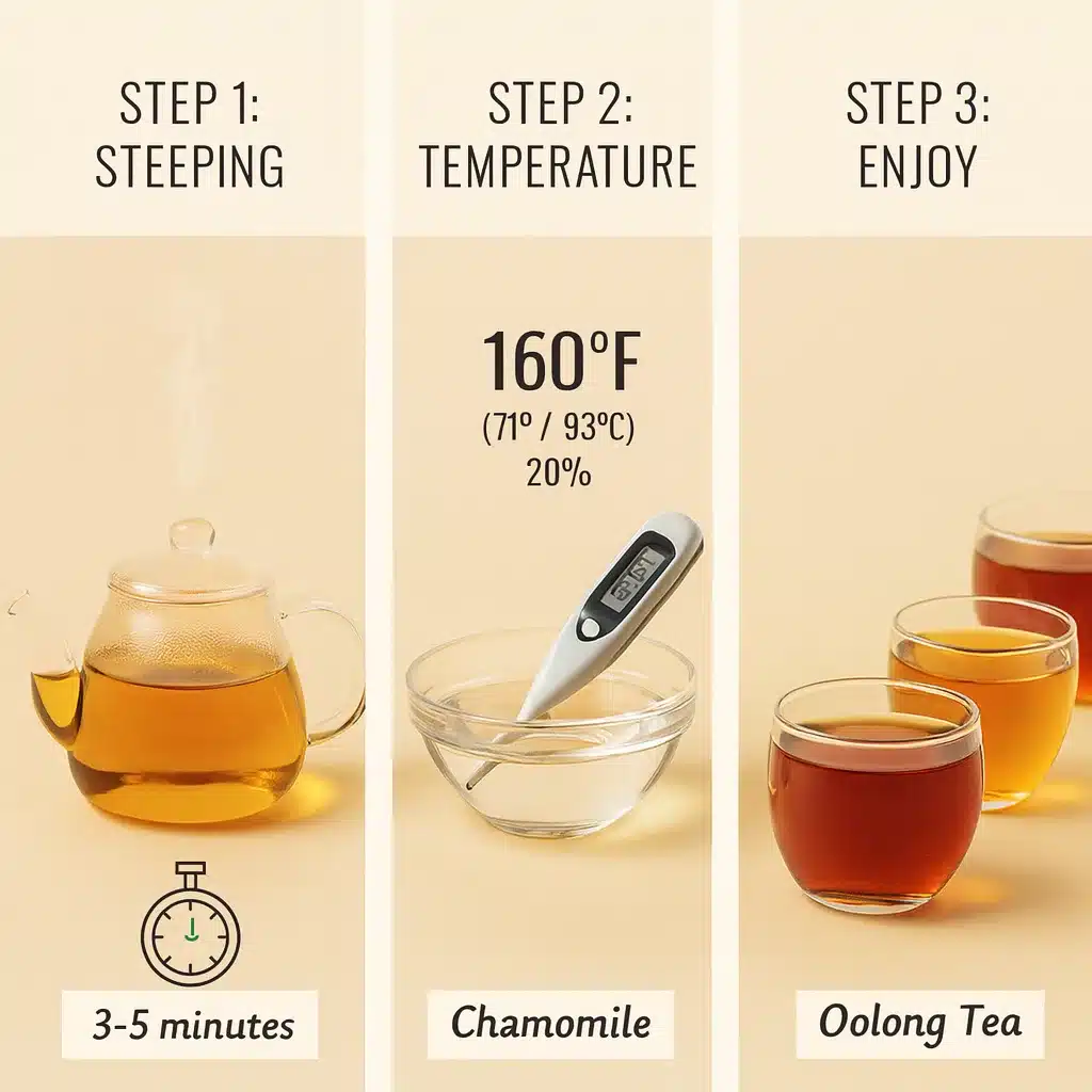 FGO tea brewing steps showing steeping, temperature, and enjoyment process