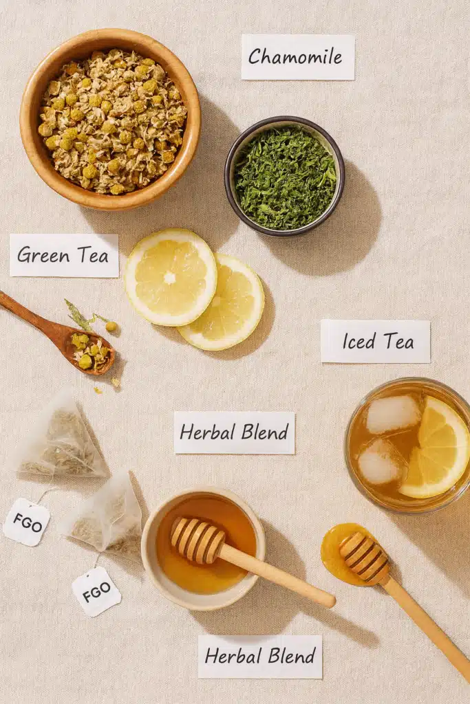 FGO tea ingredients including chamomile, green tea, lemon, and herbal blend for wellness