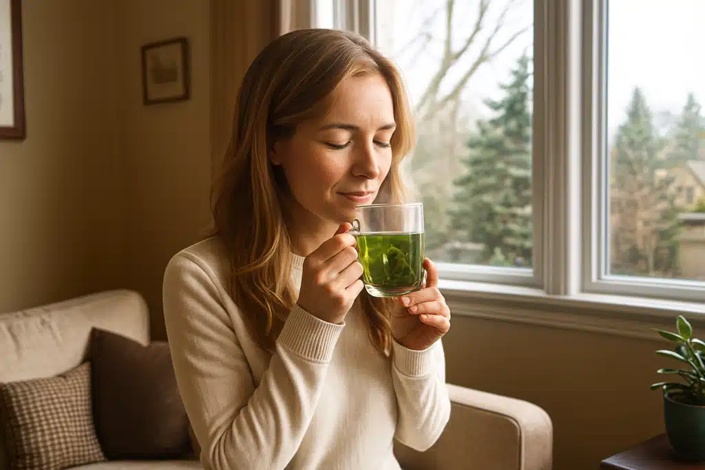 woman drinking FGO tea by the window for relaxation and focus