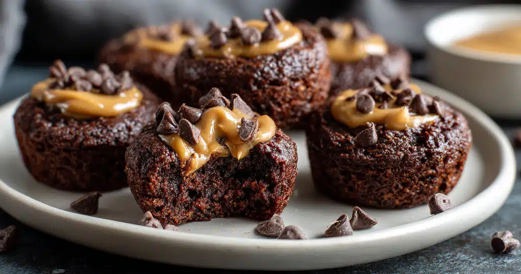 Flourless chocolate protein brownie bites stacked with chocolate chips