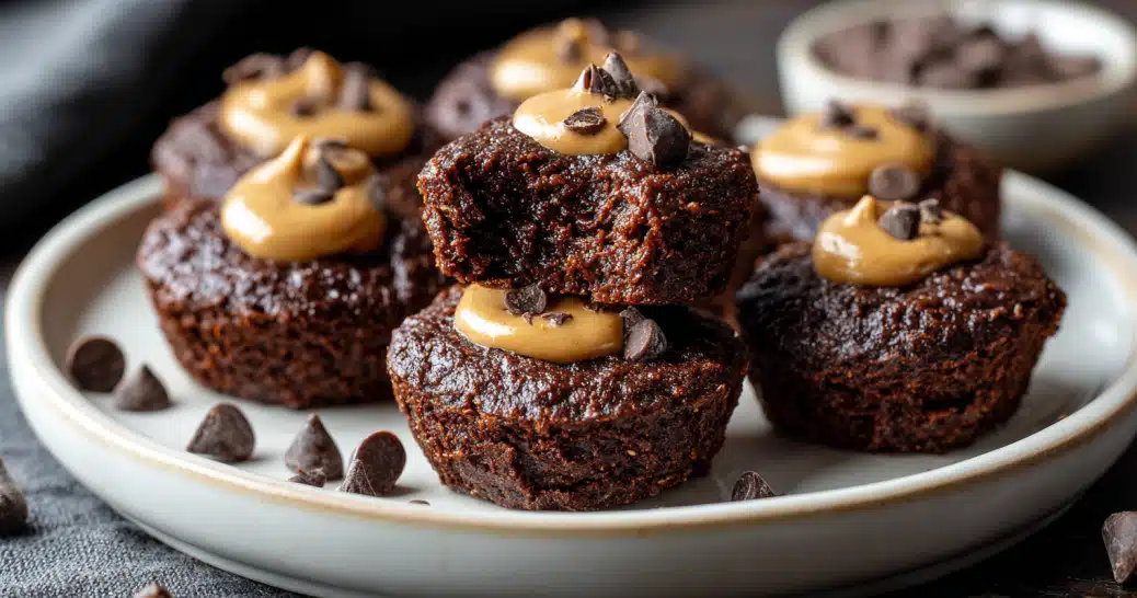 Flourless chocolate protein brownie bites stacked with peanut butter and chocolate chips