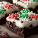 frosted Christmas brownies displayed on rustic wooden tray