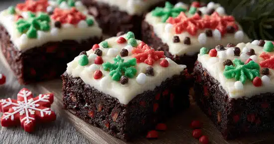 Frosted Christmas brownies stacked with holiday decor