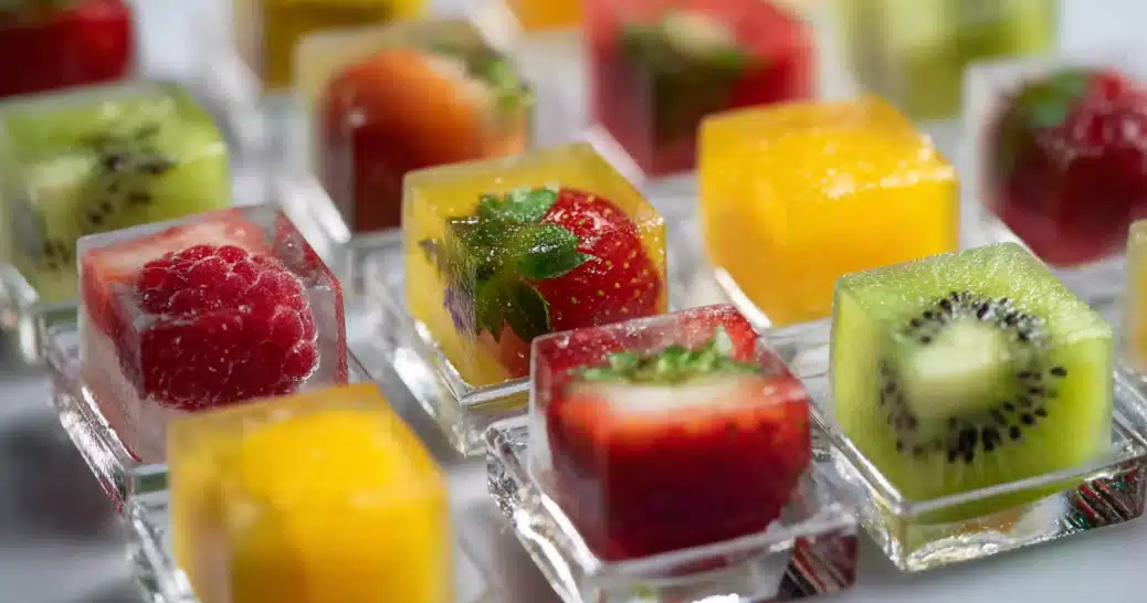 Fruit-infused agar jelly cubes with berries and kiwi