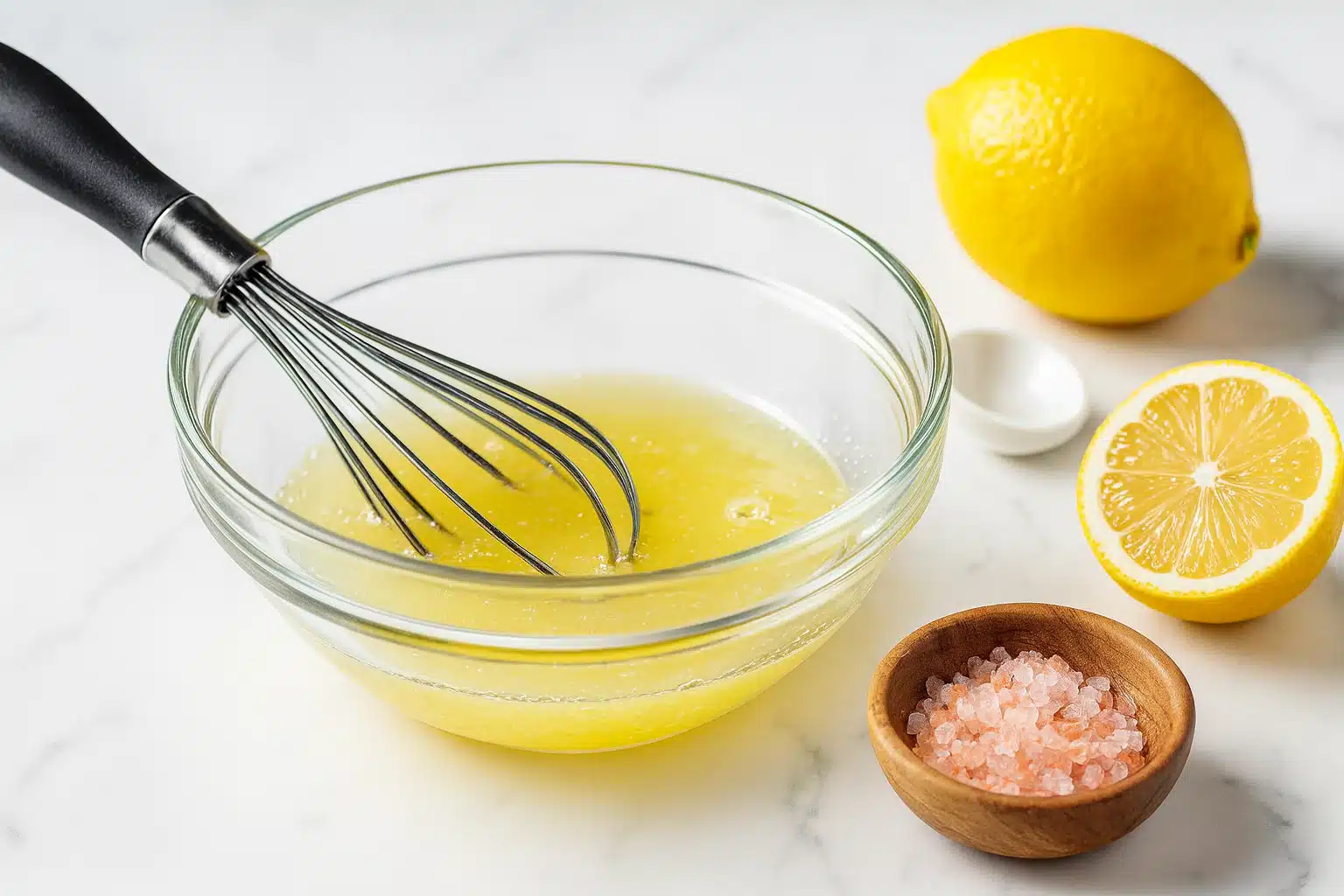 gelatin-and-mounjaro-recipe-ingredients A glass bowl with lemon juice, pink salt, and gelatin mixture for the gelatin and mounjaro recipe