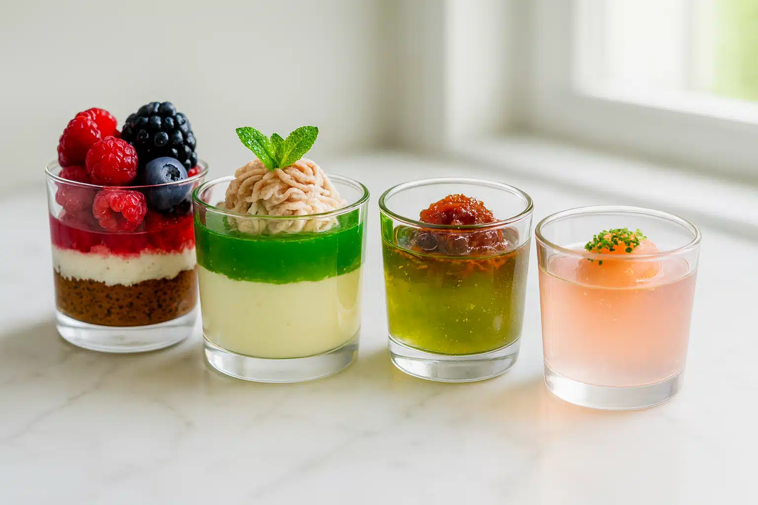 gelatin-and-mounjaro-recipe-servings Four colorful gelatin cups in different flavors and layers, showcasing creative variations of the gelatin and mounjaro recipe on a marble surface.