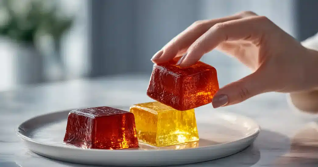 Finished gelatin cubes from the gelatin trick for weight loss recipe on a white plate