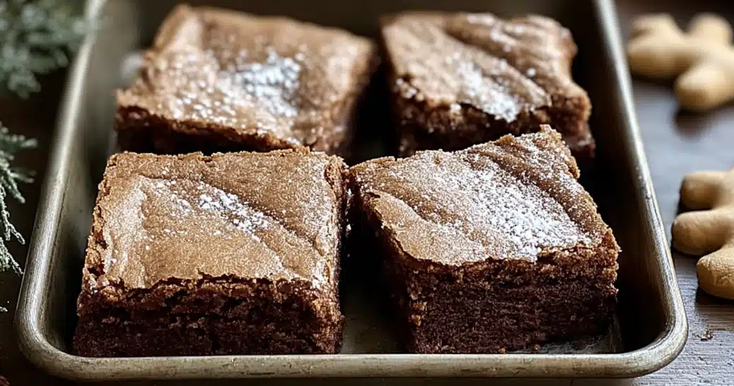 gingerbread-brownies-homemade-dessert Freshly baked gingerbread brownies dusted with powdered sugar in a baking pan