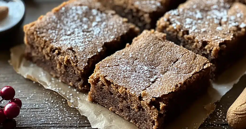 gingerbread-brownies Gingerbread brownies with powdered sugar on rustic table