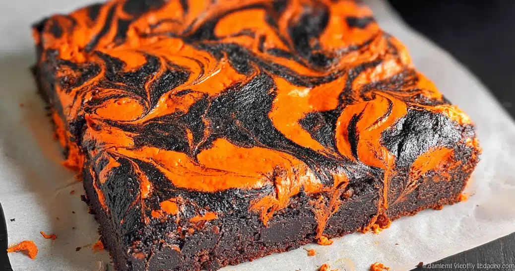 Halloween cream cheese swirl brownies on tray
