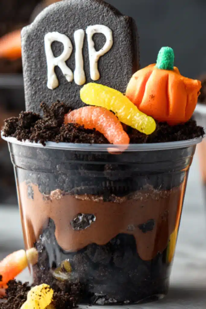 Finished Halloween Dirt Cup with pudding, Oreo crumbs, gummy worms, and tombstone cookie