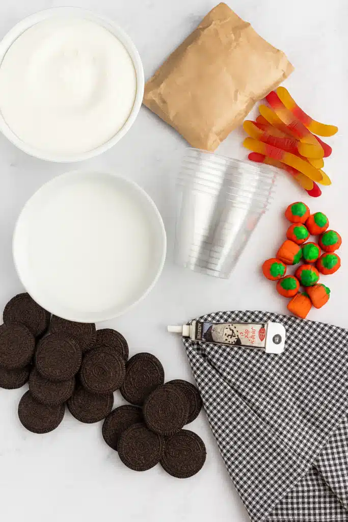 Halloween Dirt Cups ingredients flat lay