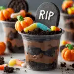 Halloween Dirt Cups recipe with pudding, Oreos, and gummy worms