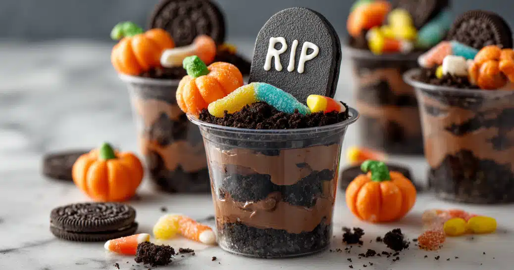 Halloween Dirt Cups recipe with pudding, Oreos, and gummy worms