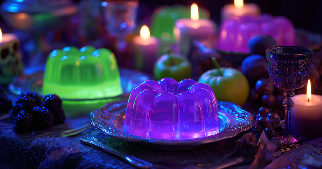 halloween-gelatin-trick-glow-dessert-table halloween gelatin trick glow in the dark gelatin desserts