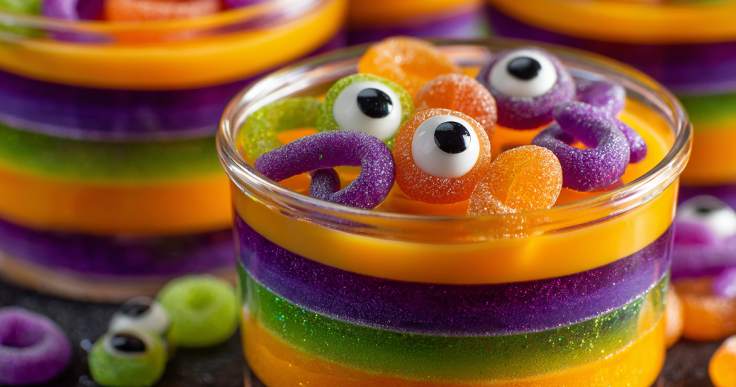 Halloween Jello Trick layered monster cups with gummy worms and candy eyes