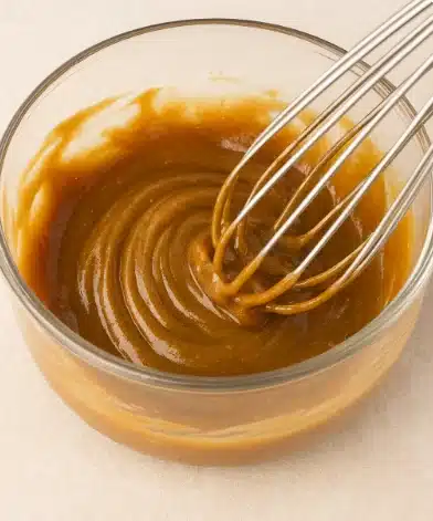 Mixing caramel for healthy Twix cookie cups in a glass bowl with a whisk