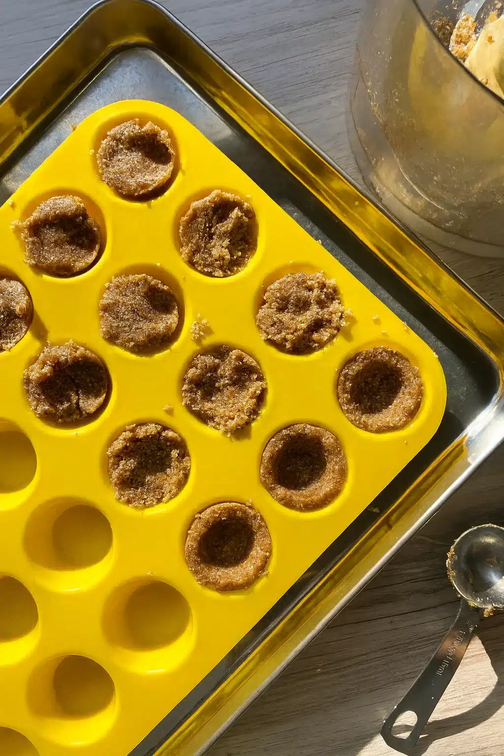 Forming healthy Twix cookie cups in a yellow silicone mini muffin pan
