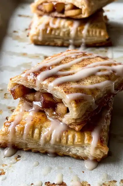 homemade-apple-brown-sugar-cinnamon-toaster-strudels-stacked Stacked homemade apple brown sugar cinnamon toaster strudels filled with spiced apples and drizzled with glaze