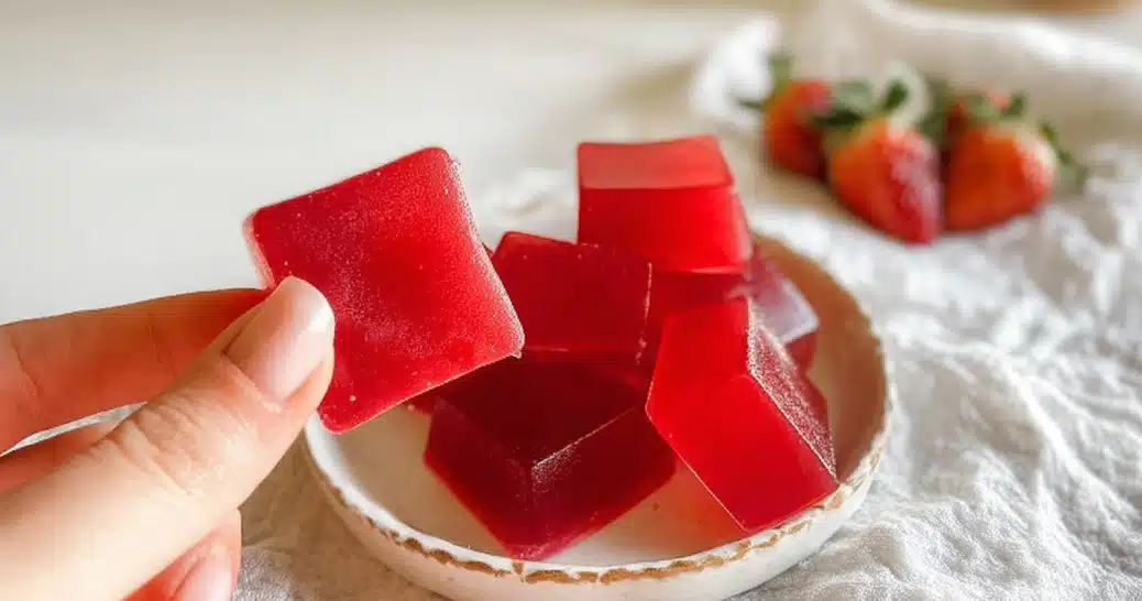 Homemade strawberry gummies square cubes on a white plate