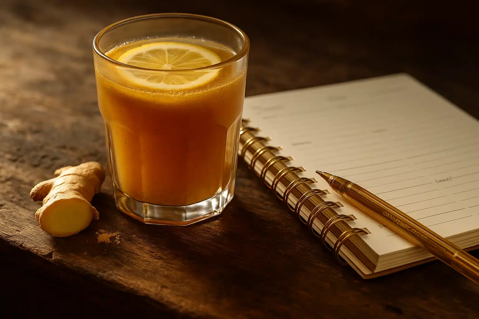 Homemade zepbound drink recipe in a glass with lemon slice and ginger root beside a wellness journal.