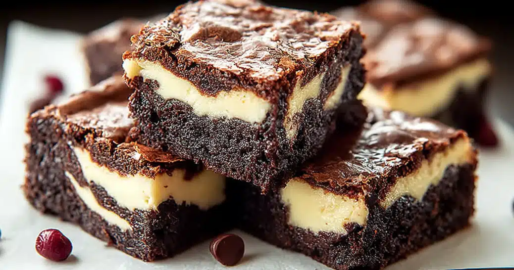 stack of irresistible cheesecake brownies a decadent delight on parchment paper